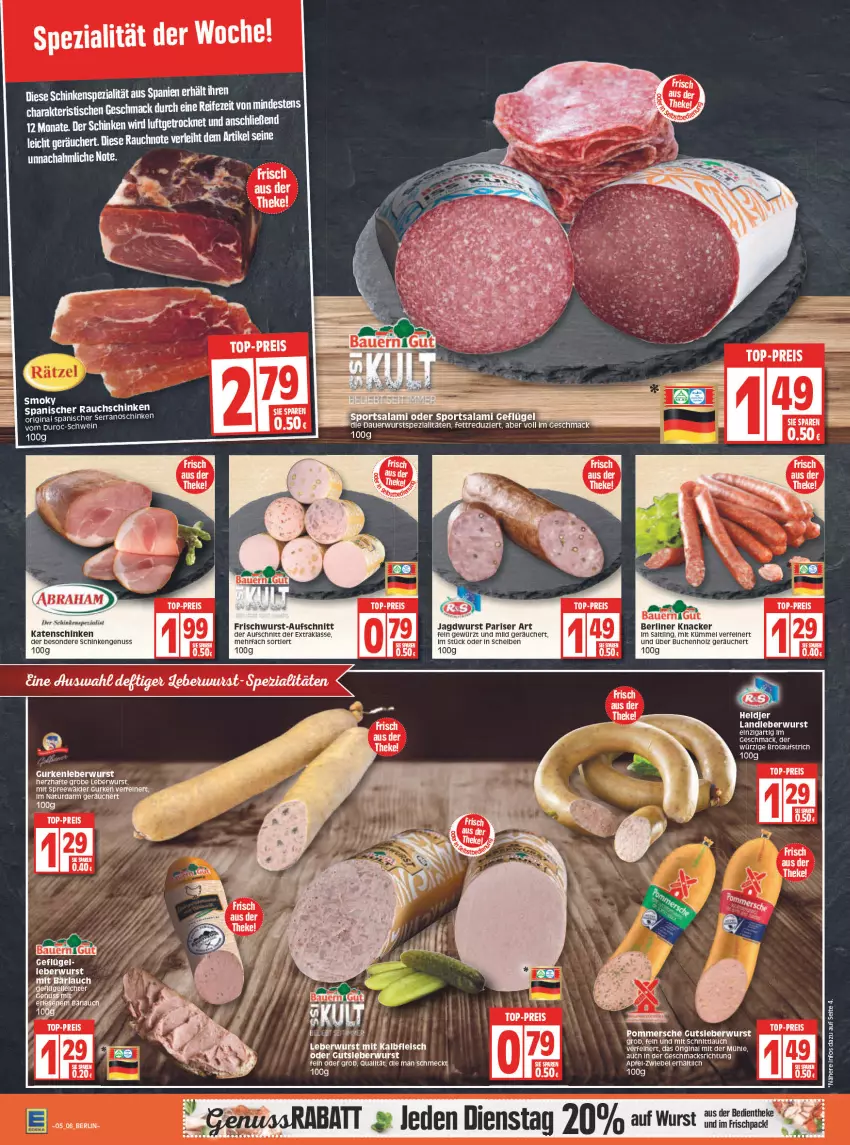 Aktueller Prospekt Edeka - Angebote der Woche - von 31.01 bis 05.02.2022 - strona 6 - produkty: apfel, auer, aufschnitt, aufstrich, Bau, Bauer, berliner, brot, brotaufstrich, buch, eis, elle, fleisch, frischwurst-aufschnitt, Geflügel, gewürz, gin, gurke, gurken, jagdwurst, Kalbfleisch, katenschinken, knacker, leberwurst, mac, mit kalbfleisch, natur, nuss, Rauch, reis, schinken, schnittlauch, schwein, serrano, spee, Spezi, spreewälder, Ti, top-preis, wein, wurst, zwiebel