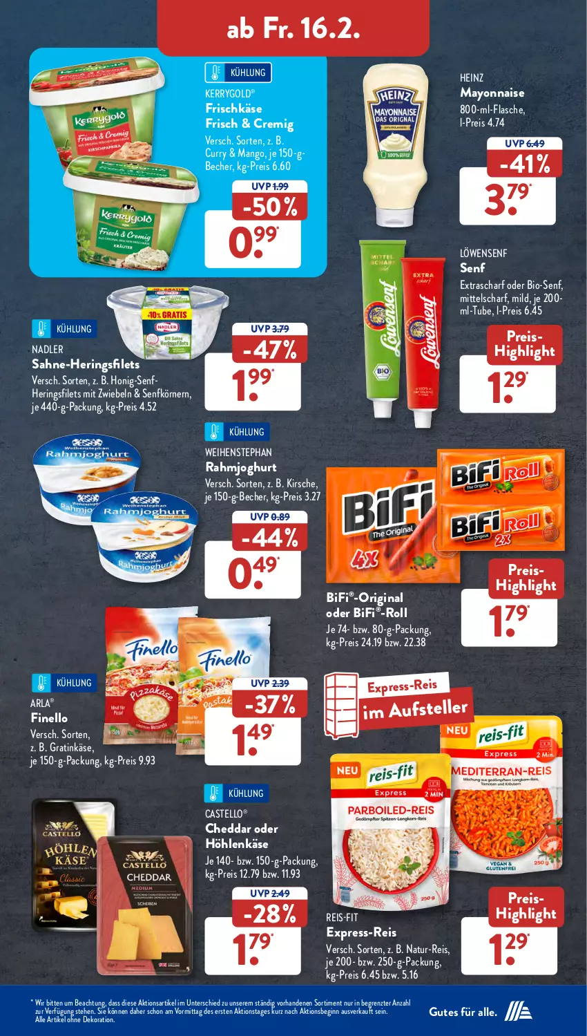 Aktueller Prospekt AldiSud - NÄCHSTE WOCHE - von 12.02 bis 17.02.2024 - strona 30 - produkty: alle artikel ohne dekoration, arla, Becher, bifi, bio, cheddar, curry, dekoration, eis, elle, express-reis, filet, filets, finello, flasche, frischkäse, gin, heinz, hering, Herings, heringsfilets, höhlenkäse, honig, Honig-Senf, joghur, joghurt, Käse, kerrygold, kirsch, kirsche, löwensenf, mango, mayonnaise, mit zwiebeln, nadler, natur, natur-reis, rahmjoghurt, reis, reis-fit, ring, sahne, senf, teller, Ti, weihenstephan, Yo, ZTE, zwiebel, zwiebeln