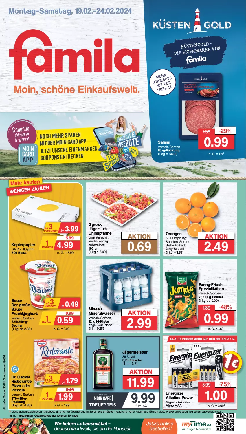 Aktueller Prospekt Famila - Prospekte - von 19.02 bis 24.02.2024 - strona 1 - produkty: Alwa, angebot, angebote, auer, aust, Bau, Bauer, Becher, beutel, cola, coupon, coupons, decke, din a4, Dr. Oetker, eis, elle, energizer, flasche, frucht, fruchtjoghurt, funny-frisch, Germ, gyros, jägermeister, joghur, joghurt, kopierpapier, küche, Küchen, latte, lebensmittel, Meister, mineralwasser, orange, orangen, papier, pfanne, pizza, reis, ristorante, ristorante pizza, salami, schwein, Spezi, Ti, wasser, wein, ZTE