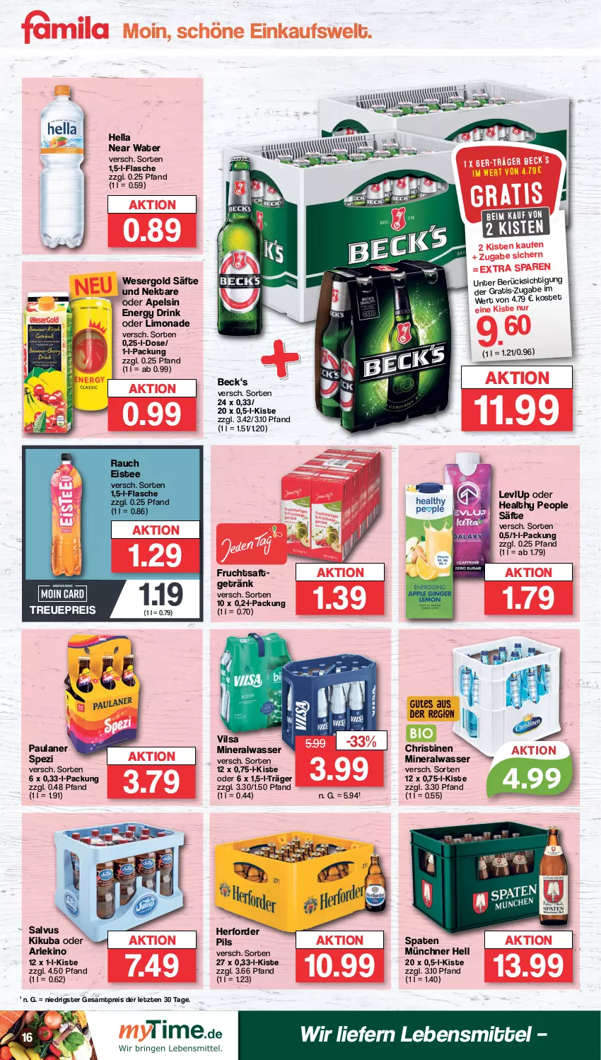 Aktueller Prospekt Famila - Prospekte - von 19.02 bis 24.02.2024 - strona 16 - produkty: Alwa, drink, eis, eistee, energy drink, flasche, frucht, fruchtsaft, getränk, hella, lebensmittel, limo, limonade, mineralwasser, Nektar, Paula, paulaner, pils, Rauch, reis, saft, säfte, Spaten, Spezi, tee, Ti, vilsa, wasser, ZTE