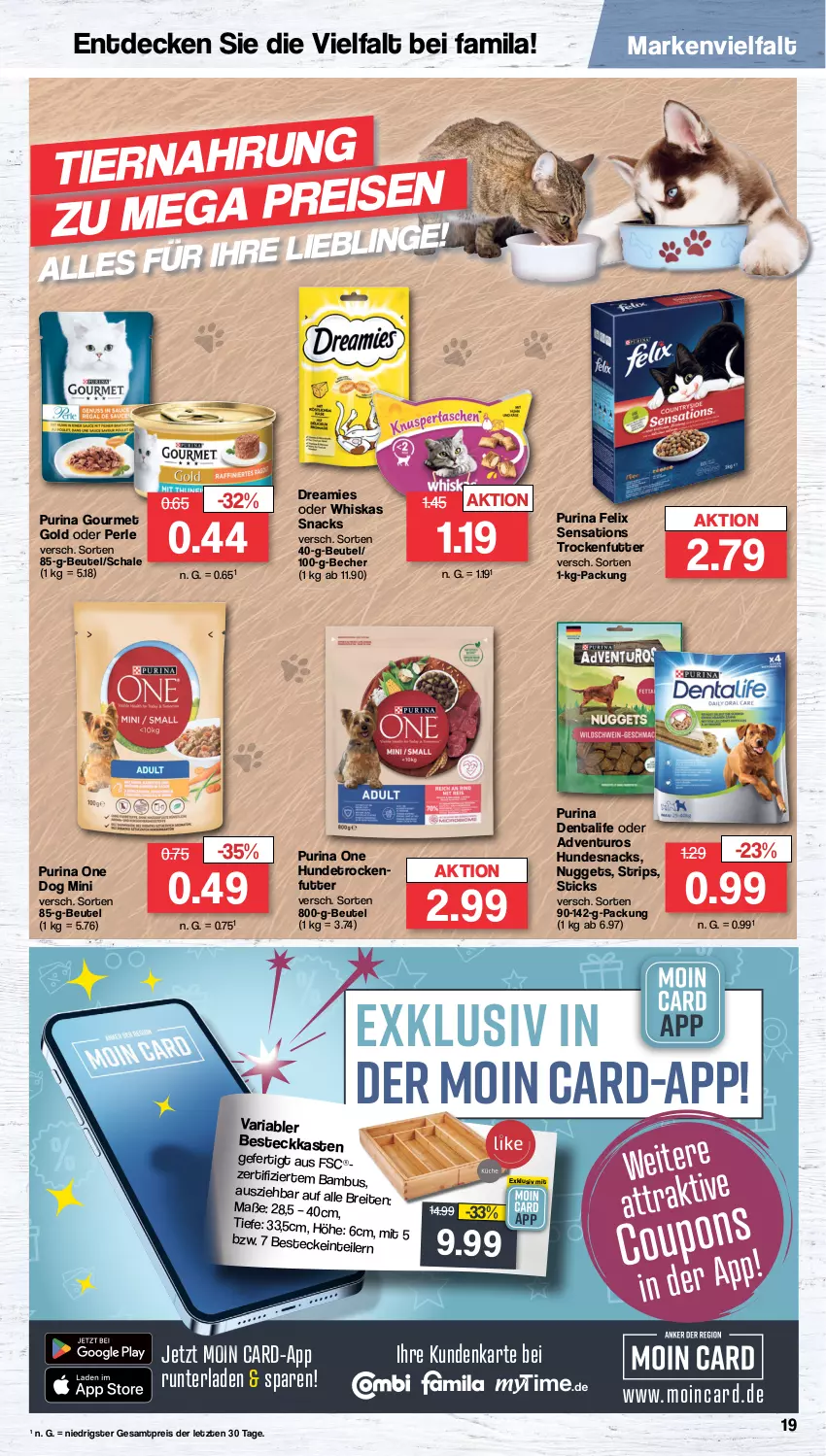 Aktueller Prospekt Famila - Prospekte - von 19.02 bis 24.02.2024 - strona 19 - produkty: adventuros, Becher, besteck, bestecke, beutel, Brei, decke, dreamies, eis, felix, gourmet gold, hundesnack, hundesnacks, nuggets, purina, reis, Ria, Schal, Schale, sensations, snack, snacks, Ti, trockenfutter, whiskas, ZTE