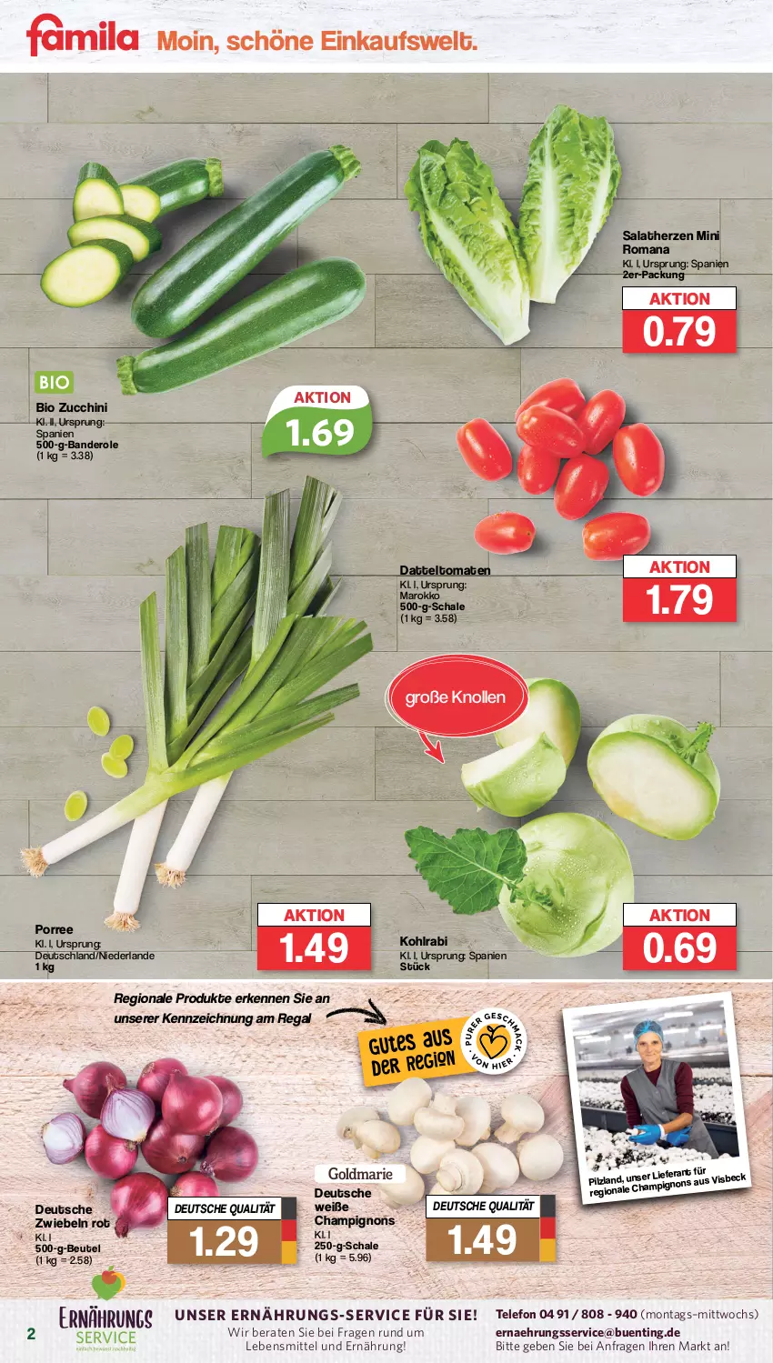 Aktueller Prospekt Famila - Prospekte - von 19.02 bis 24.02.2024 - strona 2 - produkty: beutel, bio, champignon, champignons, datteltomaten, kohlrabi, lebensmittel, regal, salat, salatherzen, Schal, Schale, telefon, Ti, tomate, tomaten, zucchini, zwiebel, zwiebeln