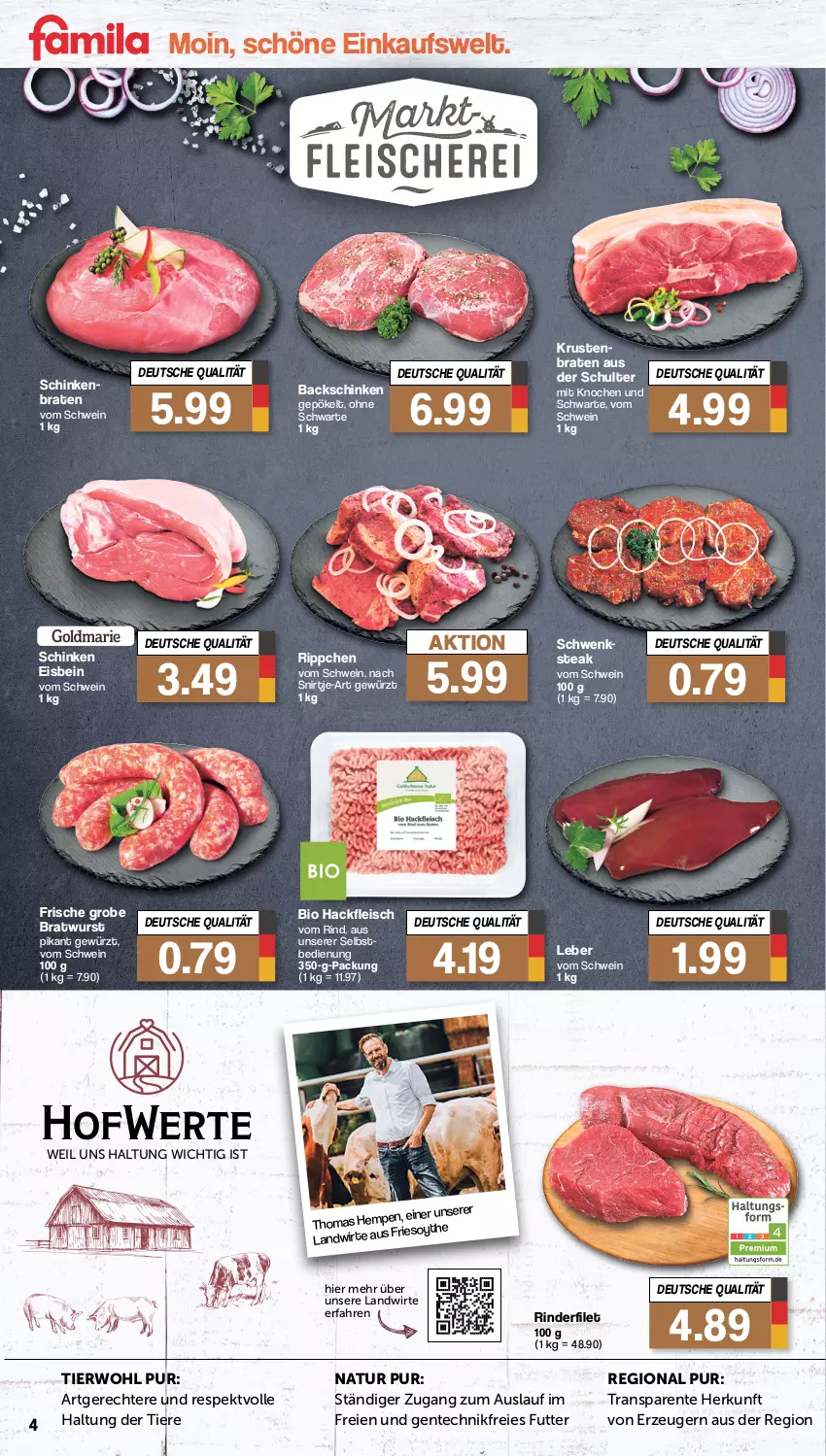 Aktueller Prospekt Famila - Prospekte - von 19.02 bis 24.02.2024 - strona 4 - produkty: bio, braten, bratwurst, eis, ente, filet, fleisch, gewürz, grobe bratwurst, hackfleisch, natur, rind, rinder, rinderfilet, schinken, schwein, steak, Ti, Tiere, wein, wurst