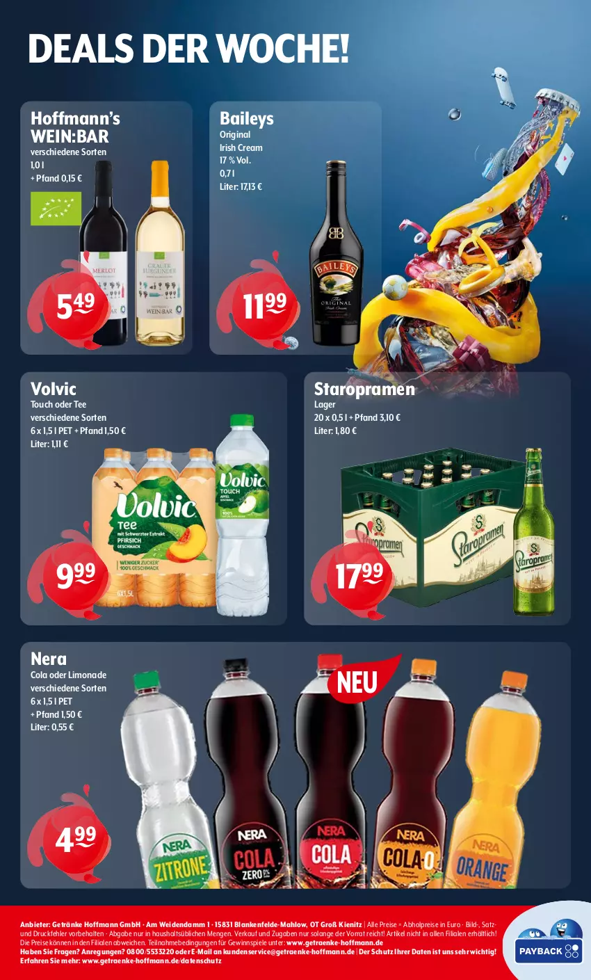 Aktueller Prospekt Getraenke Hoffmann - Prospekte - von 21.04 bis 26.04.2025 - strona 8 - produkty: abholpreise, baileys, cola, eis, getränk, getränke, gewinnspiel, gin, irish cream, limo, limonade, reis, Spiele, Staropramen, tee, Ti, volvic, wein
