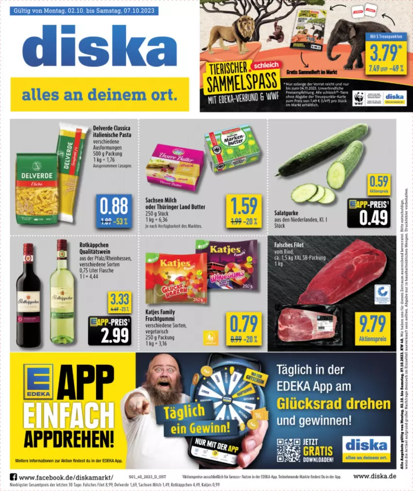 Aktueller Prospekt Diska - Prospekte - von 02.10 bis 07.10.2023 - strona 1 - produkty: aktionspreis, angebot, angebote, butter, deka, eis, erde, Falsches Filet, filet, flasche, frucht, fruchtgummi, gurke, italienische pasta, katjes, lasagne, milch, nuss, pasta, qualitätswein, reis, ring, rotkäppchen, sac, salat, Salatgurke, Ti, Vegeta, wein, ZTE