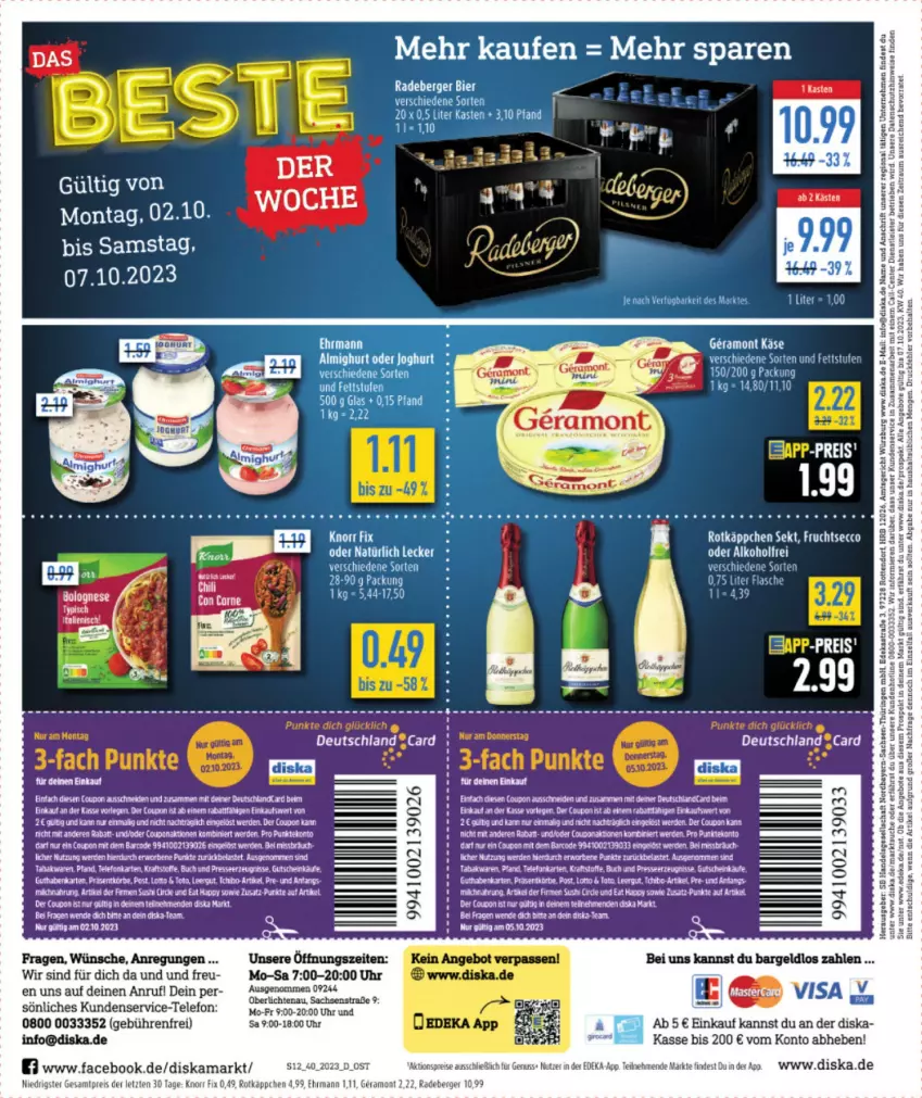 Aktueller Prospekt Diska - Prospekte - von 02.10 bis 07.10.2023 - strona 12 - produkty: aktionspreis, alkohol, angebot, angebote, Astra, Berger, bier, coupon, deka, ecco, eis, ente, erde, Ergee, frucht, fruchtsecco, Heu, Käse, knorr, knorr fix, nuss, radeberger, reis, ring, rotkäppchen, sac, sekt, Sierra, tee, telefon, Ti, uhr, ZTE