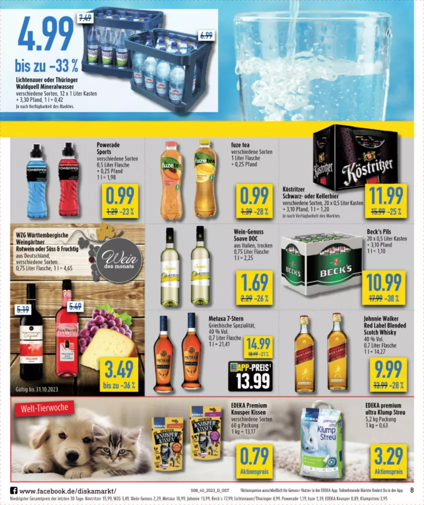 Aktueller Prospekt Diska - Prospekte - von 02.10 bis 07.10.2023 - strona 8 - produkty: aktionspreis, Alwa, auer, bier, deka, eis, elle, fisch, fische, flasche, frucht, fuze tea, johnnie walker, kellerbier, kissen, klumpstreu, köstritzer, lichtenauer, Metaxa, mineralwasser, nuss, pils, reis, ring, scotch, scotch whisky, Spezi, Sport, Ti, wasser, wein, whisky, ZTE