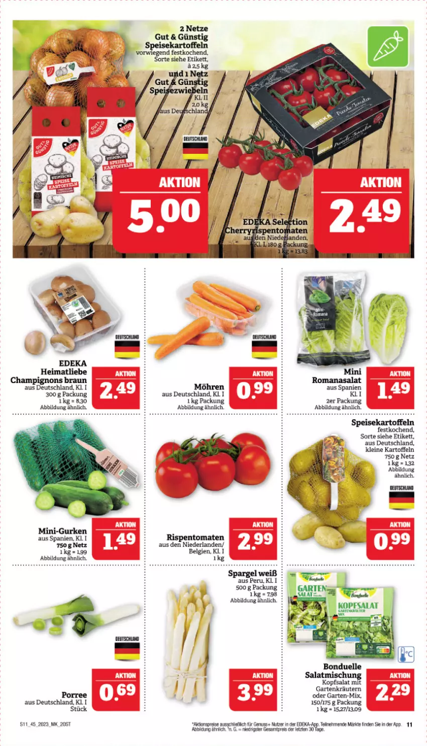 Aktueller Prospekt Marktkauf - Prospekt - von 05.11 bis 11.11.2023 - strona 11 - produkty: bonduelle, braun, champignon, champignons, champignons braun, deka, eis, elle, Garten, gurke, gurken, kartoffel, kartoffeln, kopfsalat, kräuter, kräutern, leine, LG, mini-gurken, möhren, reis, Romanasalat, salat, speisekartoffeln, Ti, tomate, tomaten, ZTE