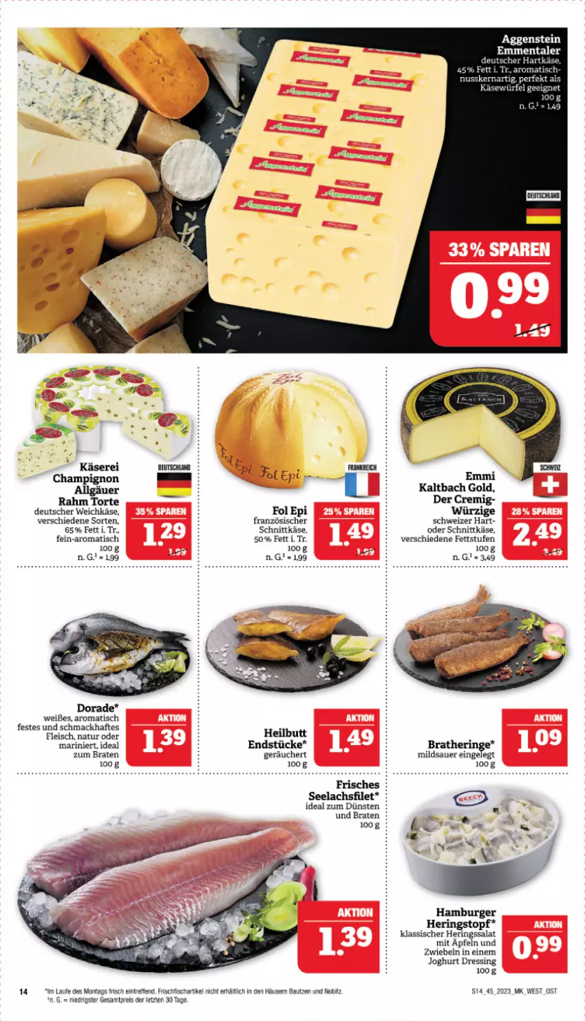 Aktueller Prospekt Marktkauf - Prospekt - von 05.11 bis 11.11.2023 - strona 14 - produkty: auer, Bad, Bau, braten, burger, champignon, deutscher weichkäse, Dorade, dressing, eis, emmentaler, emmi, filet, fisch, fleisch, fol epi, frischfisch, hamburger, hering, Herings, joghur, joghurt, Käse, lachs, lachsfilet, LG, mac, natur, reis, ring, salat, schnittkäse, seelachsfilet, Ti, tisch, topf, torte, weichkäse, würfel, ZTE, zwiebel, zwiebeln