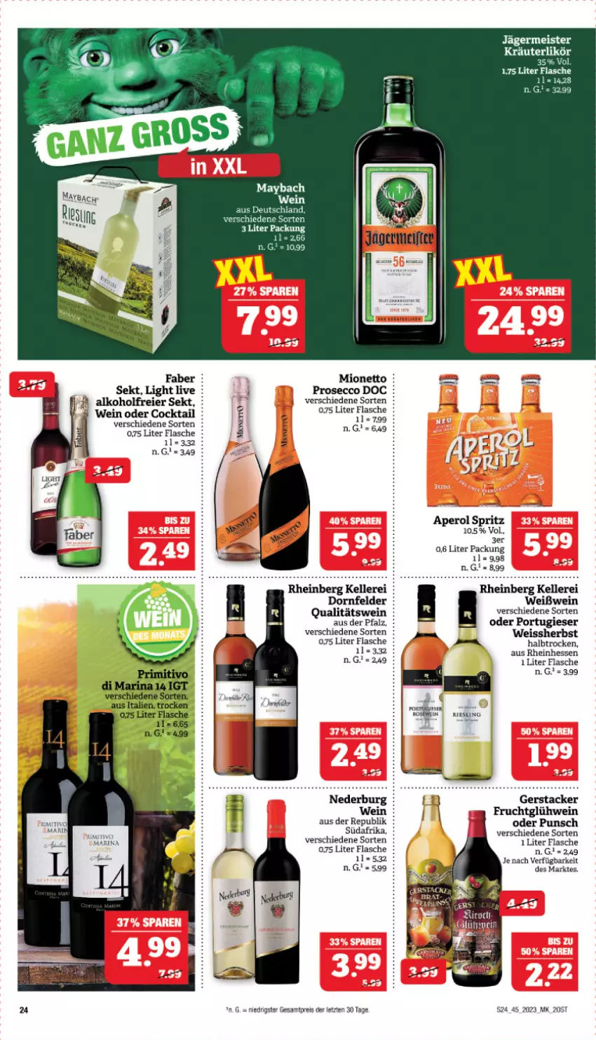 Aktueller Prospekt Marktkauf - Prospekt - von 05.11 bis 11.11.2023 - strona 24 - produkty: alkohol, aperol, cocktail, dornfelder, ecco, eier, eis, elle, flasche, frucht, Germ, Glühwein, jägermeister, kräuter, kräuterlikör, likör, maybach, Meister, mionetto, prosecco, qualitätswein, reis, riesling, sekt, wein, Weißwein, ZTE