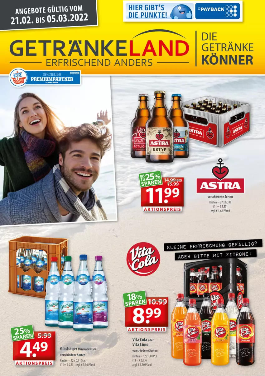 Aktueller Prospekt Getraenkeland - von 21.02 bis 05.03.2022 - strona 1 - produkty: Alwa, cola, elle, getränk, getränke, leine, limo, mineralwasser, rel, Ti, vita, Vita C, wasser