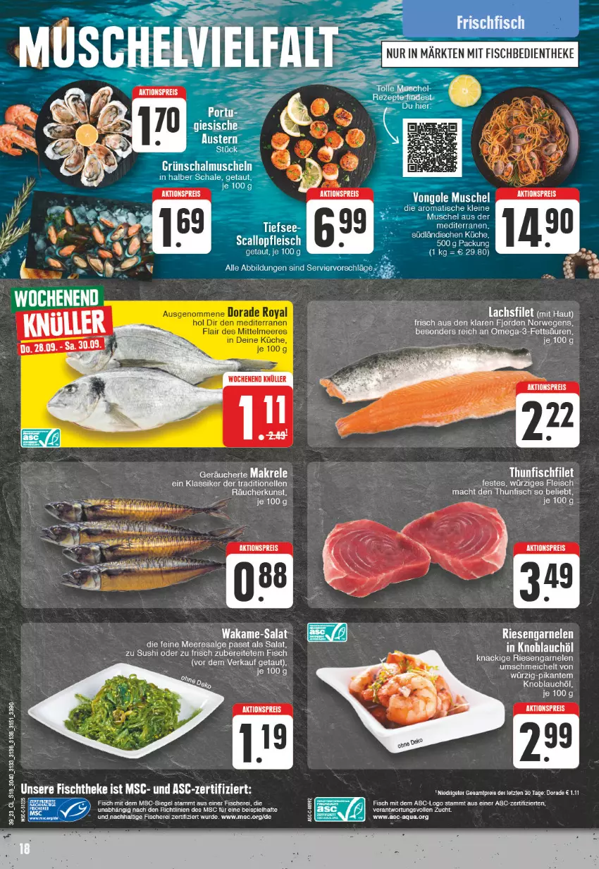 Aktueller Prospekt Edeka - Angebote der Woche - von 25.09 bis 30.09.2023 - strona 18 - produkty: aktionspreis, bett, Dorade, dorade royal, eis, elle, filet, fisch, fische, Fischer, fleisch, garnelen, knoblauch, küche, lachs, lachsfilet, mac, Makrele, omega, Omega-3, reis, rel, riesengarnelen, rwe, salat, Schere, Sushi, tee, thunfisch, Ti, Wakame