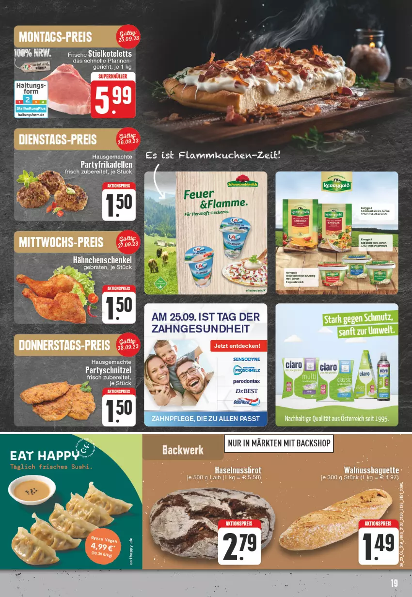 Aktueller Prospekt Edeka - Angebote der Woche - von 25.09 bis 30.09.2023 - strona 19 - produkty: aktionspreis, baguette, braten, dell, eis, elle, frikadellen, Gesundheit, hähnchenschenkel, haselnuss, henkel, Käse, kuchen, lamm, mac, nuss, Parodontax, pfanne, pfannen, reis, schenkel, schnitzel, Ti, walnuss