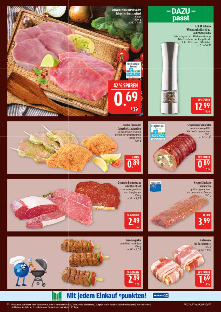Aktueller Prospekt Marktkauf - Prospekt - von 09.08 bis 15.08.2026 - strona 10 - produkty: akku, bacon, beleuchtung, cordon bleu, deka, eis, Elan, gewürz, grill, hirtenkäse, jungbullen, Käse, küche, Küchen, lachs, lamm, lammlachse, led-beleuchtung, Mantel, Mett, natur, nuss, pfeffer, Pfeffermühle, reis, Ria, rind, Rückensteak, rückensteaks, rum, rumpsteak, salz, Schmetterling, schnitzel, schwein, schweine, Schweinelachs, schweinerücken, steak, steaks, Tasche, taschen, Ti, usb, wein, weine, ZTE