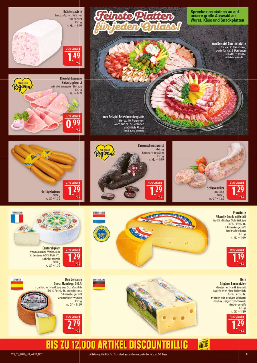 Aktueller Prospekt Marktkauf - Prospekt - von 09.08 bis 15.08.2026 - strona 13 - produkty: auer, Bau, Bauer, bier, bierschinken, eis, emmentaler, französischer weichkäse, frau antje, Geflügel, gewürz, gouda, hartkäse, Heu, holländischer schnittkäse, jagdwurst, Kaiser, Käse, kräuter, latte, LG, mac, Manchego, milch, nuss, pastete, reis, rel, rind, ring, schinken, schnittkäse, Schwarzwurst, Ti, tisch, weichkäse, wiener, wurst, ZTE