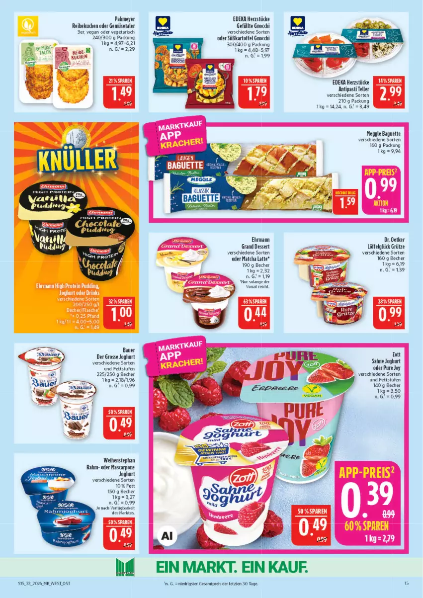 Aktueller Prospekt Marktkauf - Prospekt - von 09.08 bis 15.08.2026 - strona 15 - produkty: antipasti, asti, auer, baguette, Bau, Bauer, Becher, cola, deka, dessert, ehrmann, eis, elle, gnocchi, grütze, joghur, joghurt, kartoffel, kuchen, latte, LG, Löffel, mascarpone, reis, sahne, sahne joghurt, teller, Ti, Vegeta, weihenstephan, zott, ZTE