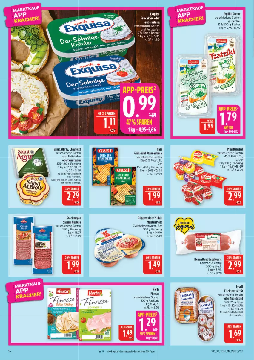 Aktueller Prospekt Marktkauf - Prospekt - von 09.08 bis 15.08.2026 - strona 16 - produkty: albray, Becher, chavroux, creme, eis, exquisa, finesse, fisch, grill, herta, herta finesse, jagdwurst, Käse, leine, LG, lysell, Mett, mettwurst, pfanne, pfannen, pfannenkäse, reis, rügenwalder, rügenwalder mühle, Saint Agur, saint albray, salami, Spezi, stockmeyer, Ti, und pfanne, wurst, ZTE, zwiebel, zwiebelmettwurst