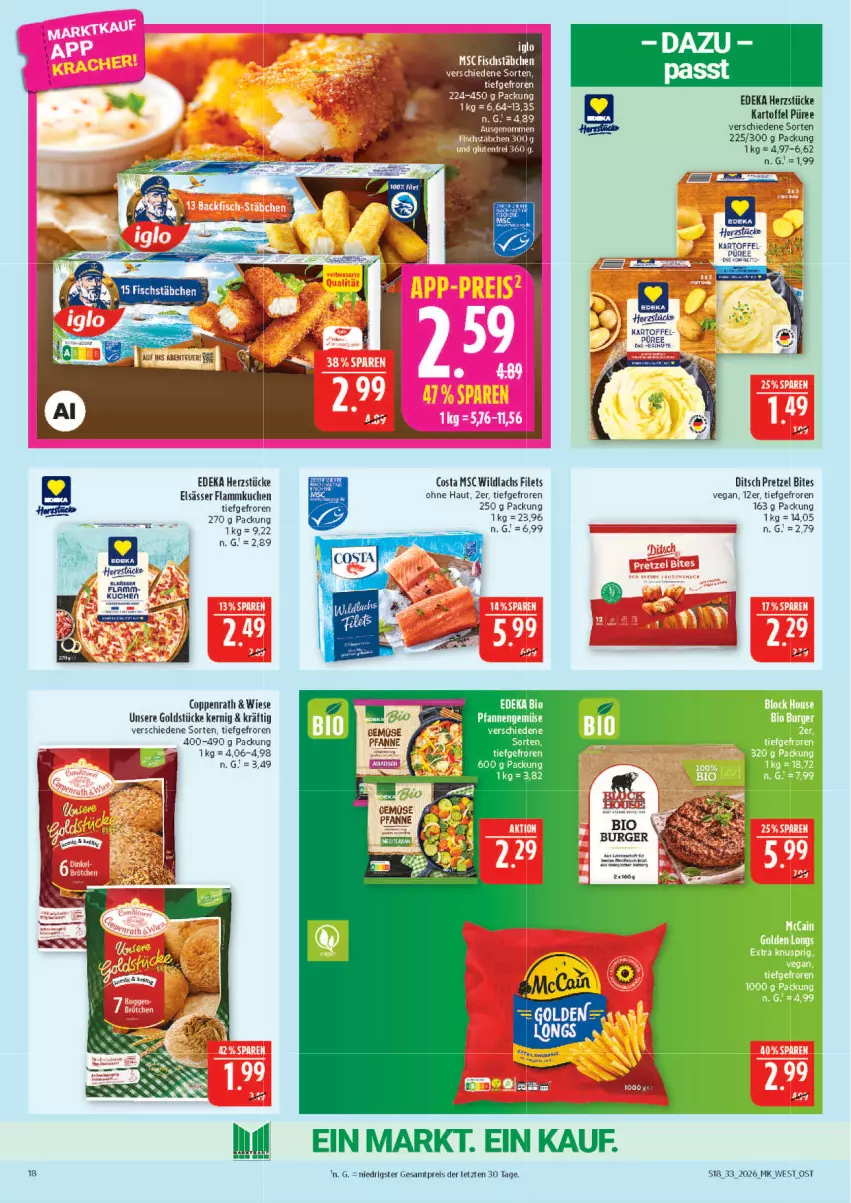Aktueller Prospekt Marktkauf - Prospekt - von 09.08 bis 15.08.2026 - strona 18 - produkty: bio, bites, coppenrath, deka, edeka bio, eis, filet, filets, fisch, fischstäbchen, flammkuchen, Goldstücke, kartoffel, kuchen, lachs, lamm, pfanne, pfannen, Pretzel, püree, reis, Ti, Wild, wildlachs, ZTE