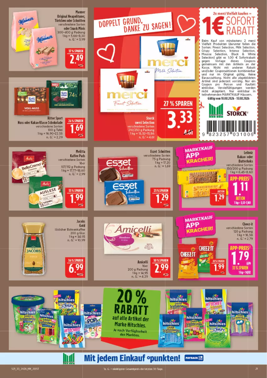 Aktueller Prospekt Marktkauf - Prospekt - von 09.08 bis 15.08.2026 - strona 21 - produkty: bohne, bohnen, bohnenkaffee, butter, butterkeks, coupon, coupons, erde, gin, jacobs, Jacobs Gold, kaffee, kakao, keks, lack, leibniz, löslicher bohnenkaffee, Manner, melitta, merci, mousse, nuss, schnitten, schoko, schokolade, snack, sofortrabatt, storck, Ti, tisch