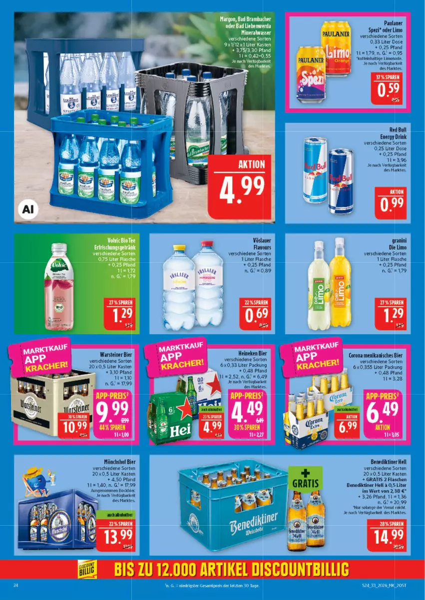 Aktueller Prospekt Marktkauf - Prospekt - von 09.08 bis 15.08.2026 - strona 24 - produkty: auer, beere, Benediktiner, bier, corona, discount, drink, eis, energy drink, flasche, granini, granini die limo, heineken, himbeer, himbeere, limo, limonade, mönchshof, Paula, paulaner, reis, Spezi, steiner, Ti, vöslauer, warsteiner