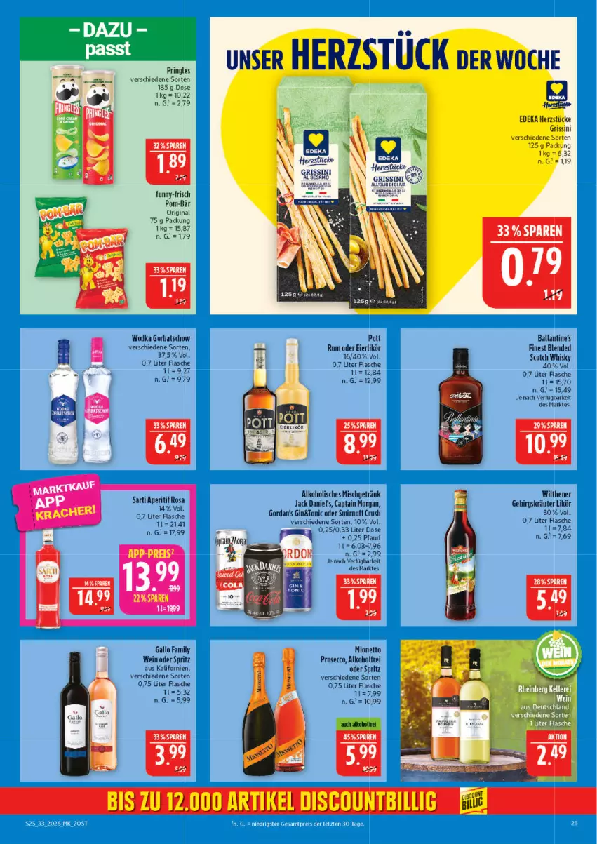 Aktueller Prospekt Marktkauf - Prospekt - von 09.08 bis 15.08.2026 - strona 25 - produkty: alkohol, aperitif, ball, blended scotch, blended scotch whisky, Cap, captain morgan, deka, ecco, eier, eierlikör, eis, flasche, funny-frisch, gallo, gallo family, getränk, gin, grissini, HP, jack daniel, jack daniel's, kräuter, likör, mionetto, pom-bär, pringles, prosecco, reis, ring, rum, scotch, scotch whisky, smirnoff, Ti, tonic, wein, whisky, wilthener, ZTE