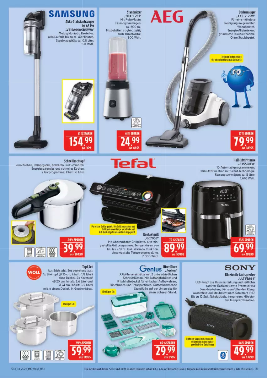 Aktueller Prospekt Marktkauf - Prospekt - von 09.08 bis 15.08.2026 - strona 33 - produkty: akku, auto, Bau, Behälter, beutel, bluetooth-lautsprecher, bodensauger, braten, decke, Deckel, edelstahl, eis, elle, ente, flasche, fritteuse, Geschenkbox, grill, grillplatte, Heißluftfritteuse, Kochtopf, kontaktgrill, latte, lautsprecher, messer, Mixer, Reinigung, reis, Samsung, Schnellkochtopf, sony, Sport, standmixer, staubbeutel, staubsauger, tefal, Ti, Tiere, tisch, topf, topf-set, trinkflasche, wasser