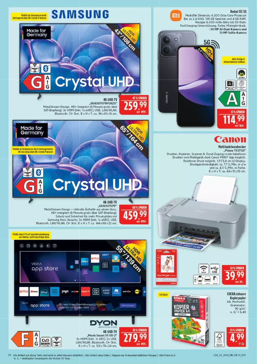 Aktueller Prospekt Marktkauf - Prospekt - von 09.08 bis 15.08.2026 - strona 34 - produkty: akku, arlo, canon, deka, drucker, eis, Germ, gin, HDMI, kamera, kopierpapier, lack, LG, multifunktionsdrucker, papier, reis, Samsung, Ti, uhd, UHD-TV, usb, Yo, ZTE