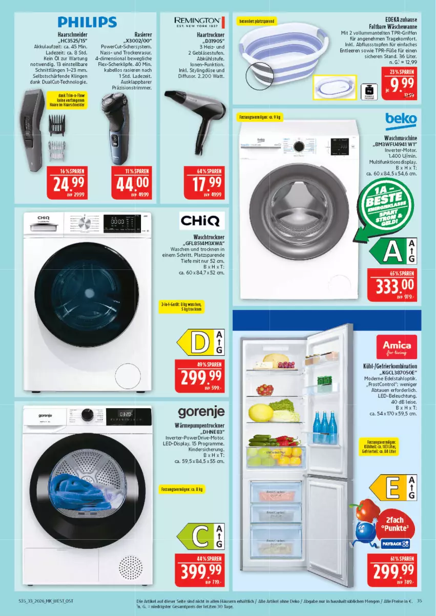 Aktueller Prospekt Marktkauf - Prospekt - von 09.08 bis 15.08.2026 - strona 35 - produkty: akku, asti, beko, beleuchtung, deka, edelstahl, eis, gefrierkombination, gorenje, haarschneider, haartrockner, Kinder, led-beleuchtung, Mantel, Mode, Philips, rasierer, reis, remington, Ti, topf, Topfen, Trockner, Wanne, wärmepumpentrockner, Waschen und Trocknen, waschmaschine, waschtrockner, Yo, ZTE
