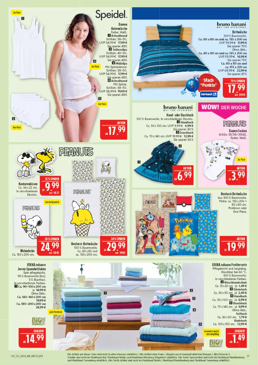 Aktueller Prospekt Marktkauf - Prospekt - von 09.08 bis 15.08.2026 - strona 37 - produkty: Bad, badetuch, Bau, baumwolle, bett, bettwäsche, bio, bruno banani, decke, deka, duschtuch, eis, gästetuch, handtuch, hemd, kissen, mam, Rana, reis, schuhe, slip, slips, socken, spannbettlaken, speidel, Sport, Taillenslip, Ti, tuc, Unterwäsche, waschhandschuh, wolle