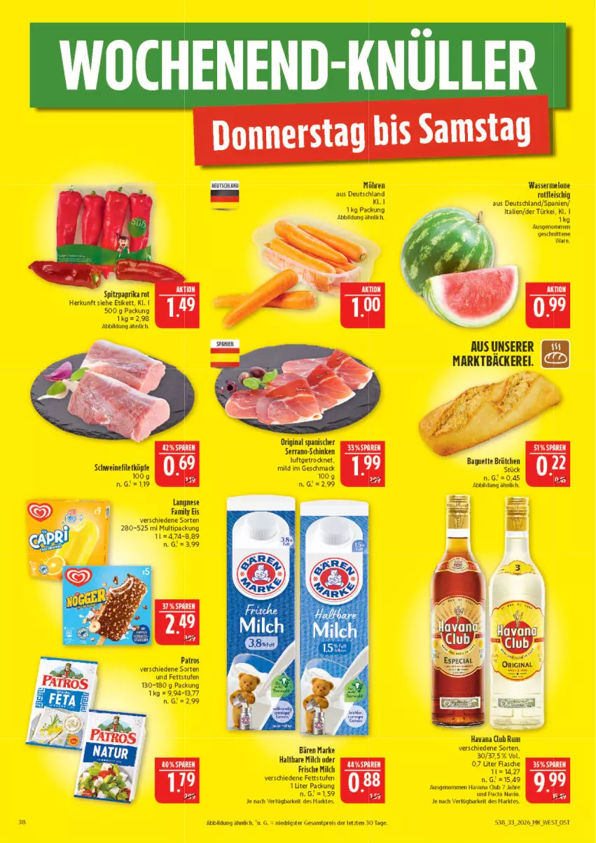 Aktueller Prospekt Marktkauf - Prospekt - von 09.08 bis 15.08.2026 - strona 38 - produkty: eis, filet, fleisch, frische milch, gin, Havana Club, langnese, melone, milch, möhren, paprika, paprika rot, patros, reis, rum, schinken, schnitten, schwein, schweine, schweinefilet, serrano, Ti, wasser, wassermelone, wein, weine, ZTE