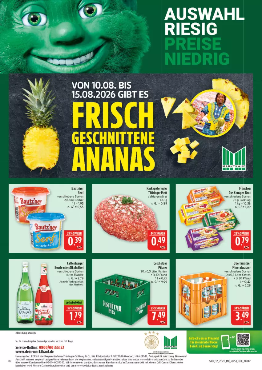 Aktueller Prospekt Marktkauf - Prospekt - von 09.08 bis 15.08.2026 - strona 40 - produkty: alkohol, Alwa, Bau, Becher, bowle, brot, burger, deka, eis, ente, flasche, gewürz, katlenburger, Knusper-Brot, Mett, mineralwasser, pils, pilsner, reis, ring, sac, Schütze, senf, Ti, wasser, ZTE