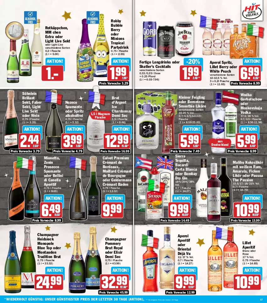 Aktueller Prospekt Hit - Wochenprospekt - von 23.12 bis 28.12.2024 - strona 17 - produkty: alkohol, amarula, aperitif, aperol, bacardi, Bad, berentzen, Bourgogne, brillant sekt, brut, champagne, champagner, chardonnay, cocktail, cocktails, drink, drinks, dry gin, ecco, eis, flasche, geldermann, gin, Gorbatschow, kleiner feigling, kokos, leine, likör, lillet, magnum, Malibu, mionetto, passo, prosecco, puma, reis, robby, rotkäppchen, rum, sekt, Sierra, smoothie, söhnlein, söhnlein brillant, spumante, Ti, vodka, wein, wodka, zonin, ZTE