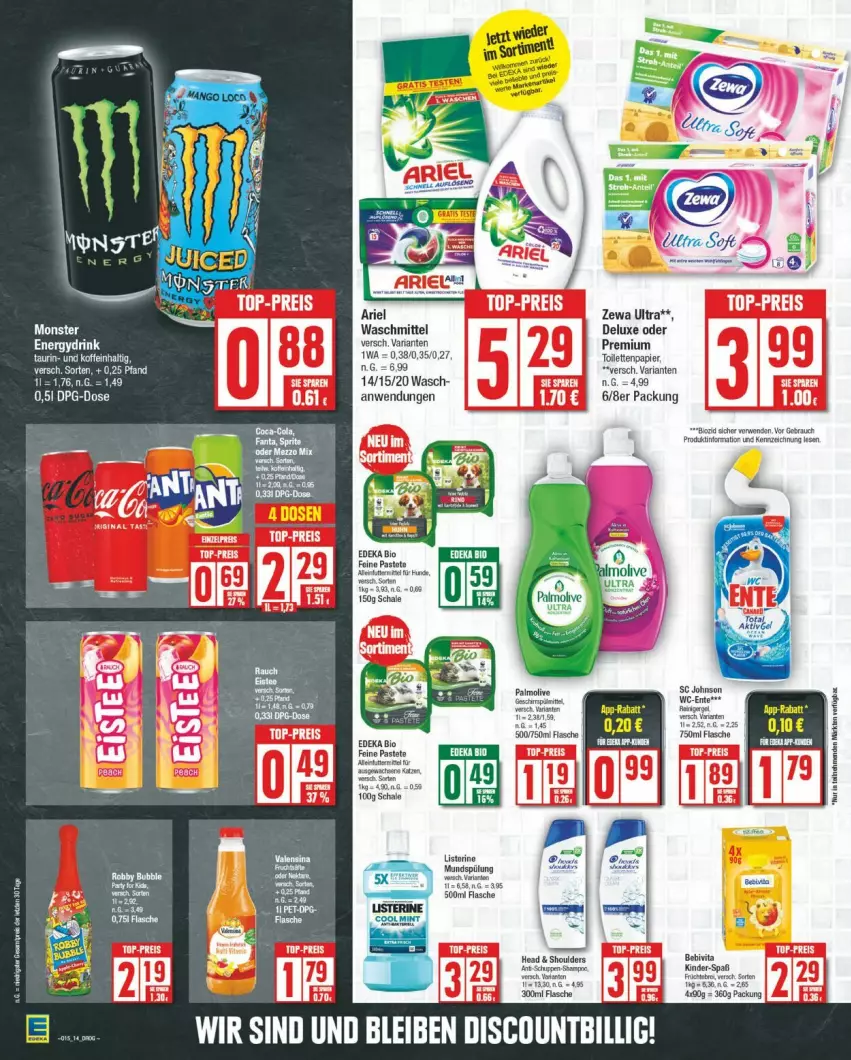 Aktueller Prospekt Edeka - Prospekte - von 08.04 bis 13.04.2024 - strona 14 - produkty: ariel, bebivita, bio, deka, edeka bio, elle, flasche, Kinder, listerine, mundspülung, papier, Rauch, Ria, Schal, Schale, spülung, Ti, toilettenpapier, vita, waschmittel, zewa