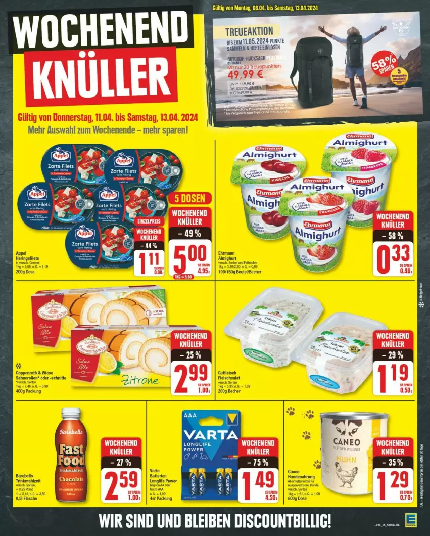 Aktueller Prospekt Edeka - Prospekte - von 08.04 bis 13.04.2024 - strona 15 - produkty: almighur, almighurt, batterie, batterien, Becher, coppenrath, ehrmann, ehrmann almighurt, eis, flasche, fleisch, fleischsalat, gutfleisch, nero, rucksack, sac, sahne, Sahnerolle, salat, tee, Ti, varta, zitrone