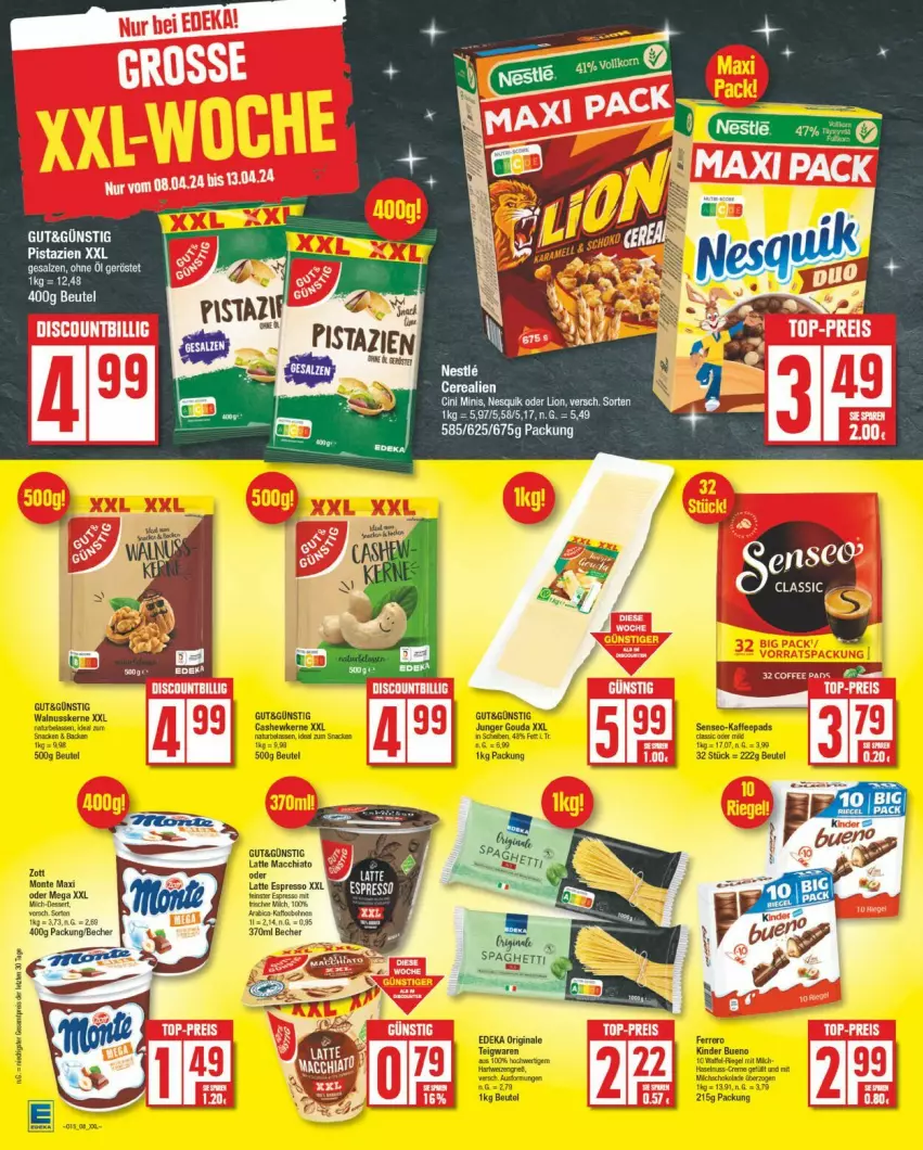 Aktueller Prospekt Edeka - Prospekte - von 08.04 bis 13.04.2024 - strona 8 - produkty: ACC, beutel, Cashew, cashewkerne, chia, elle, espresso, ferrero, gouda, kaffee, kaffeepads, Kinder, kinder bueno, latte, latte macchiato, mac, macchiato, nuss, pistazien, salz, senseo, snack, Ti, walnuss, walnusskerne