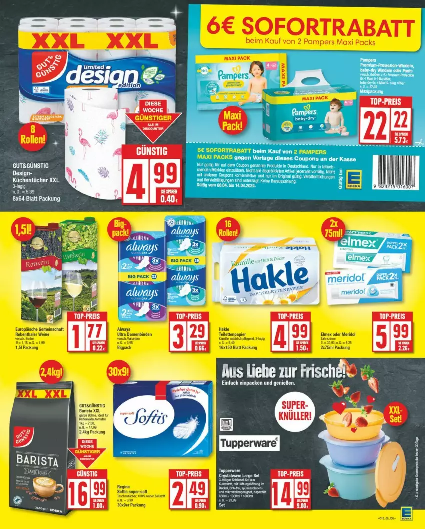 Aktueller Prospekt Edeka - Prospekte - von 08.04 bis 13.04.2024 - strona 9 - produkty: Alwa, Always, binden, Damenbinden, eis, elmex, gin, hakle, meridol, pampers, papier, reis, sofortrabatt, Tasche, taschen, taschentücher, Ti, toilettenpapier, top-preis, tücher, wein, weine