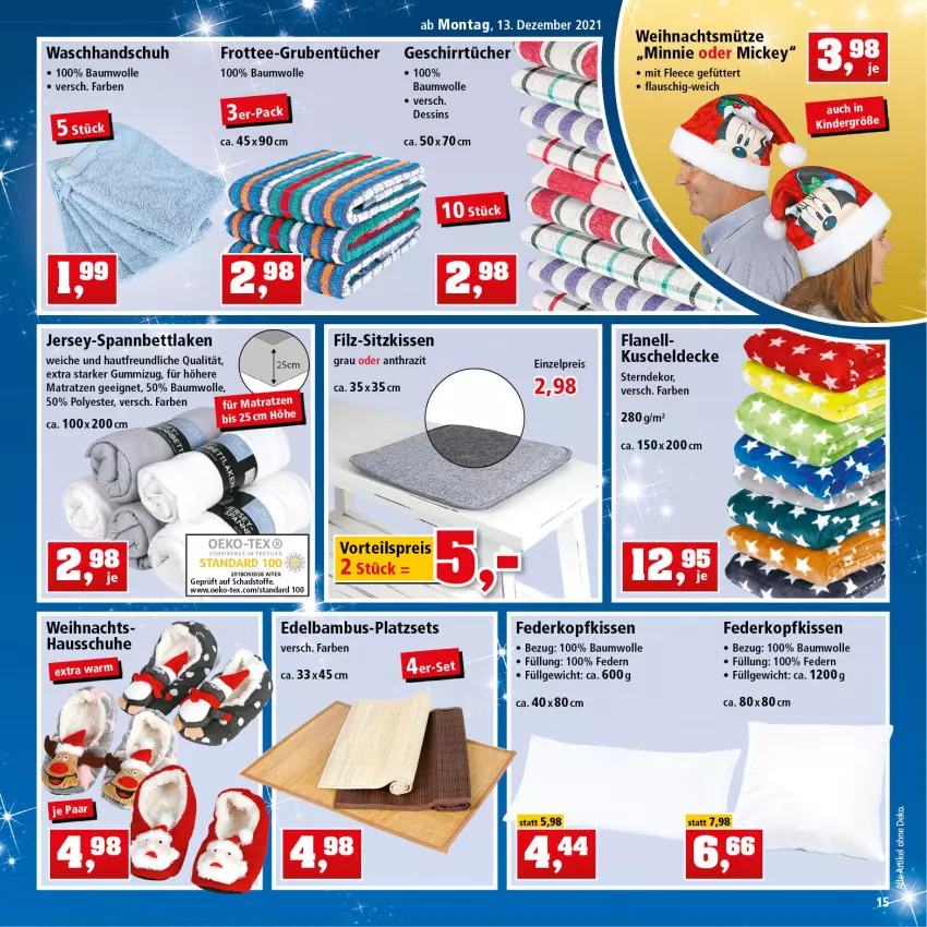 Aktueller Prospekt Thomas Philipps - Prospektwerbung - von 13.12 bis 18.12.2021 - strona 15 - produkty: bambus, Bau, baumwolle, bett, decke, eis, geschirr, geschirrtücher, Hausschuhe, kissen, kopfkissen, kuscheldecke, LG, matratze, matratzen, Mütze, reis, schuhe, sitzkissen, spannbettlaken, tee, Ti, tücher, vorteilspreis, waschhandschuh, wolle