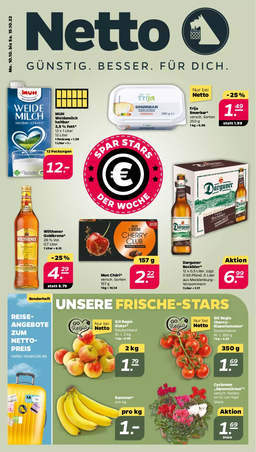 Aktueller Prospekt Netto - Woche 41 - von 10.10 bis 15.10.2022 - strona 1 - produkty: Alpenveilchen, angebot, angebote, banane, bananen, bier, eis, goldkrone, krone, milch, Mon Chéri, reis, rispentomaten, Ti, tomate, tomaten, topf, weidemilch, wilthener, Wilthener Goldkrone