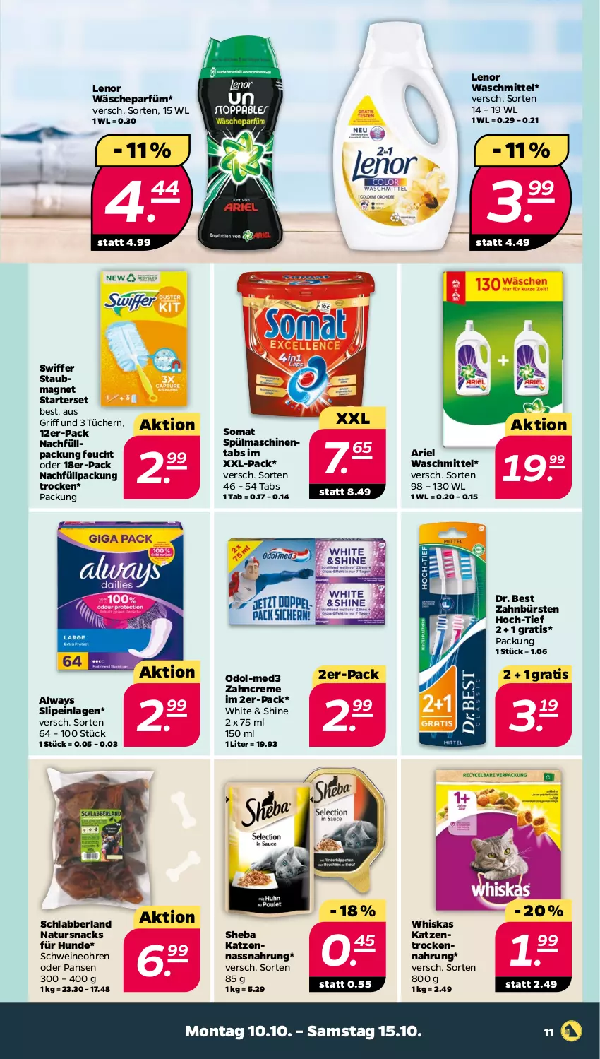 Aktueller Prospekt Netto - Woche 41 - von 10.10 bis 15.10.2022 - strona 11 - produkty: Alwa, Always, ariel, ariel waschmittel, bürste, bürsten, creme, Dr. Best, lenor, lenor waschmittel, Nassnahrung, natur, Odol, schwein, schweine, sheba, slip, slipeinlagen, snack, snacks, somat, spülmaschinen, spülmaschinentabs, staubmagnet, swiffer, Ti, Trockennahrung, tücher, wäscheparfüm, waschmittel, wein, weine, whiskas, zahnbürste, zahnbürsten, zahncreme