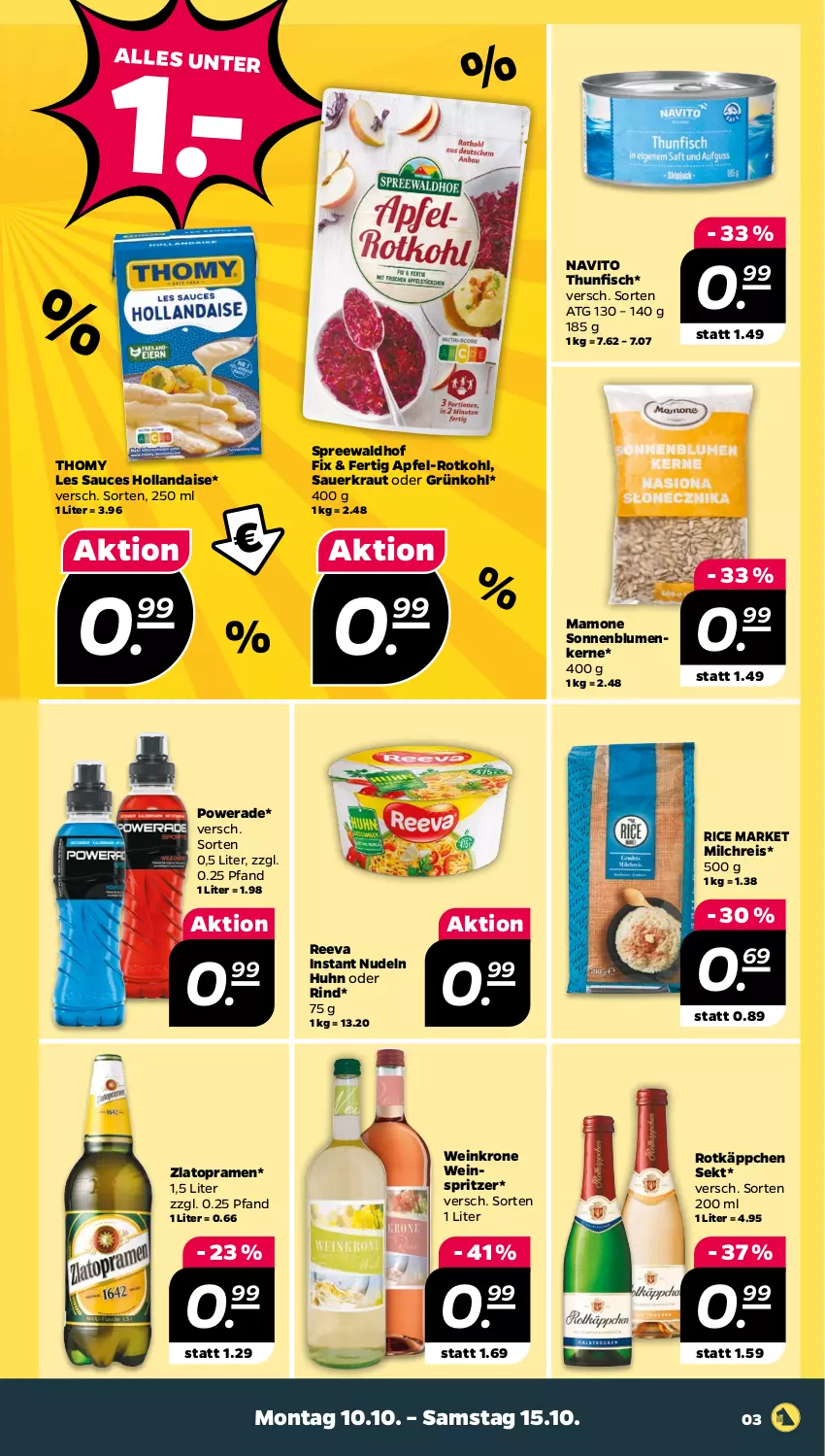 Aktueller Prospekt Netto - Woche 41 - von 10.10 bis 15.10.2022 - strona 3 - produkty: apfel, auer, blume, blumen, eis, fisch, hollandaise, Kraut, krone, mam, milch, milchreis, nudel, nudeln, reis, rind, rotkäppchen, rotkohl, sauce, Sauerkraut, sekt, sonnenblume, sonnenblumen, Sonnenblumenkerne, spreewaldhof, thomy, thomy les sauces, thunfisch, Ti, wein