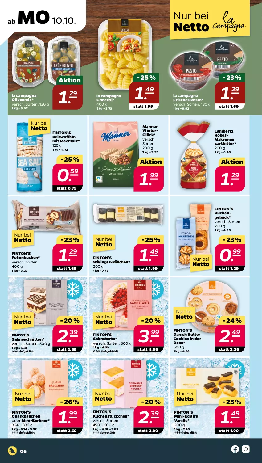 Aktueller Prospekt Netto - Woche 41 - von 10.10 bis 15.10.2022 - strona 6 - produkty: Amber, berliner, butter, cookie, cookies, eis, eiswaffeln, gnocchi, kokos, krone, kuchen, lambertz, Manner, meersalz, olive, oliven, pesto, quark, reis, Reiswaffeln, sahne, salz, schnitten, Ti, torte, vanille, waffeln