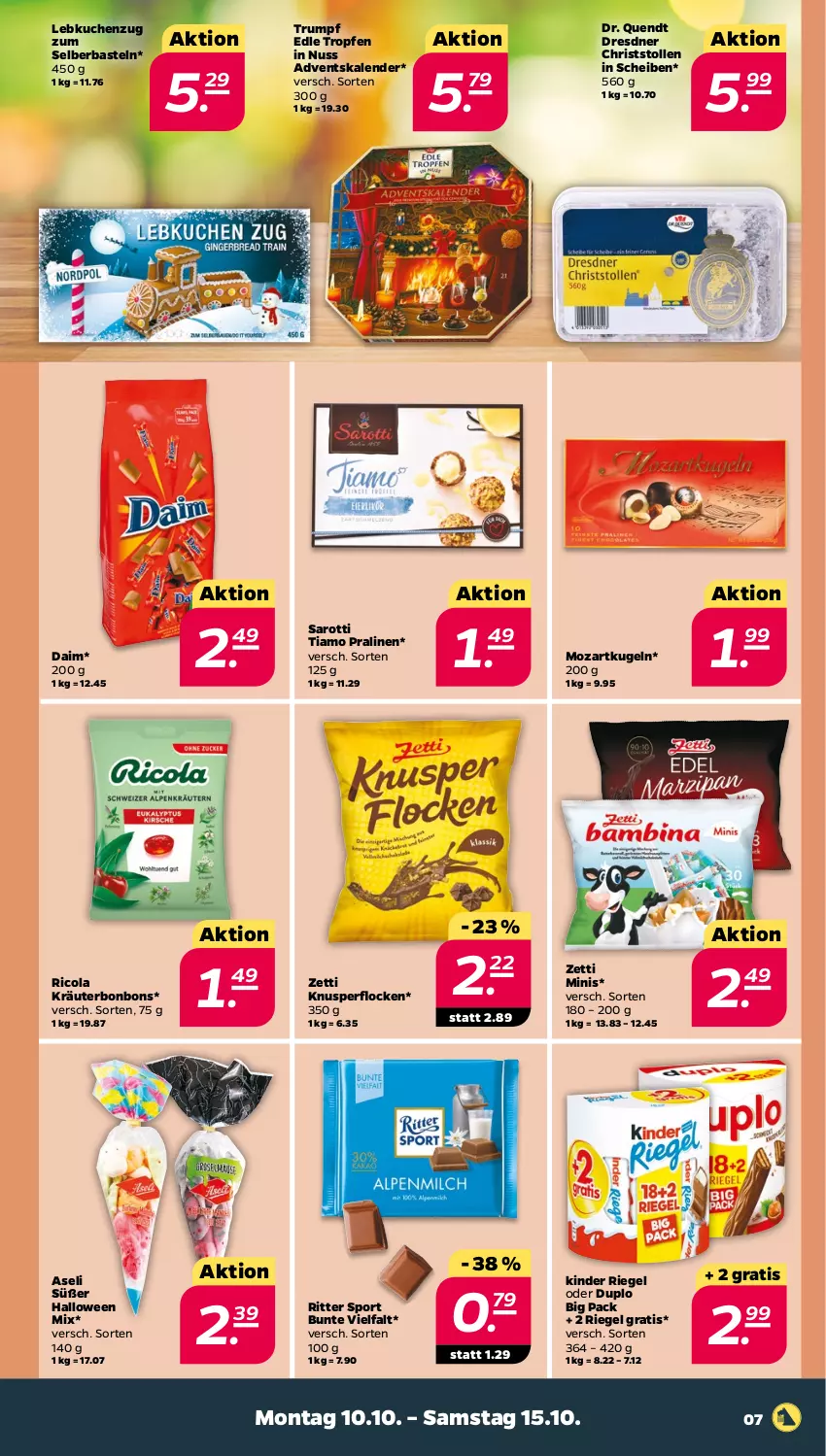 Aktueller Prospekt Netto - Woche 41 - von 10.10 bis 15.10.2022 - strona 7 - produkty: Adventskalender, bonbons, cola, daim, duplo, Kinder, kinder riegel, Knusperflocken, kräuter, kuchen, Kugel, Lebkuchen, nuss, pralinen, Ricola, riegel, ritter, ritter sport, rum, saro, sarotti, Sport, Stollen, Ti