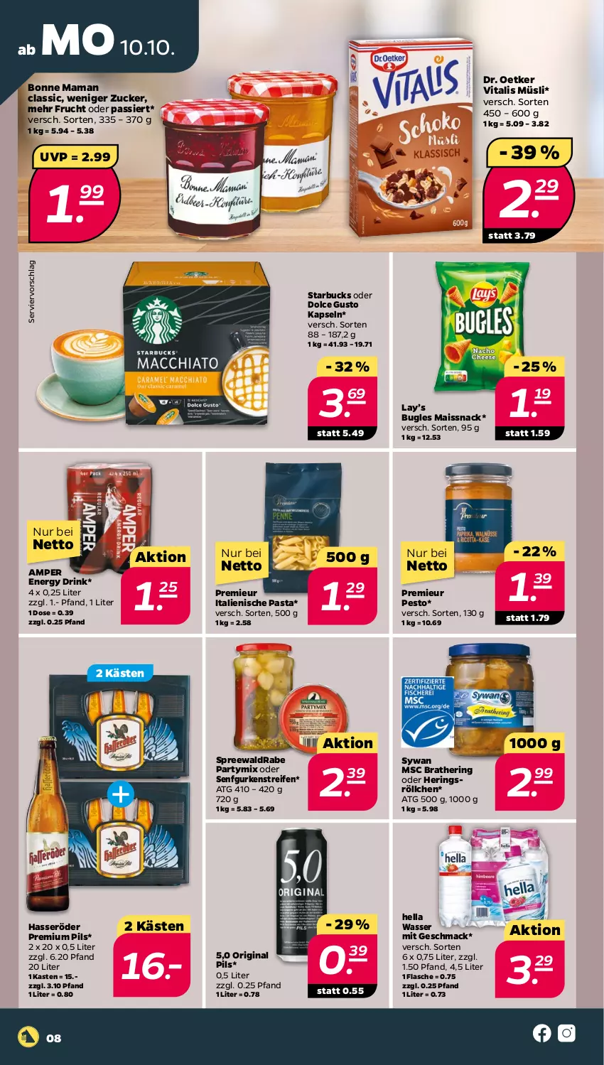 Aktueller Prospekt Netto - Woche 41 - von 10.10 bis 15.10.2022 - strona 8 - produkty: bonne maman, bugles, dolce gusto, Dr. Oetker, drink, energy drink, flasche, frucht, gin, gurke, gurken, hasseröder, hella, hering, Herings, italienische pasta, mac, mais, mam, müsli, pasta, pesto, pils, premium pils, reifen, ring, senf, snack, starbucks, Ti, vita, vitalis, vitalis müsli, wasser, zucker