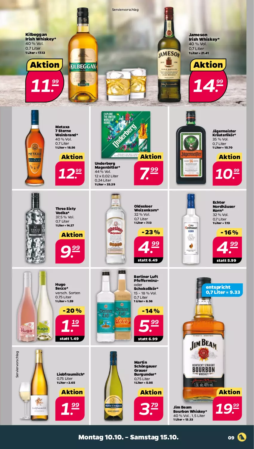 Aktueller Prospekt Netto - Woche 41 - von 10.10 bis 15.10.2022 - strona 9 - produkty: auer, berliner, berliner luft, bourbon, bourbon whiskey, burgunder, ecco, eis, Germ, grauer burgunder, hugo, irish whiskey, jägermeister, jameson, jim beam, kilbeggan, korn, kräuter, kräuterlikör, likör, Meister, Metaxa, milch, oldesloer, pfeffer, schoko, Three Sixty, Ti, underberg, vodka, wein, weinbrand, weizenkorn, whiskey