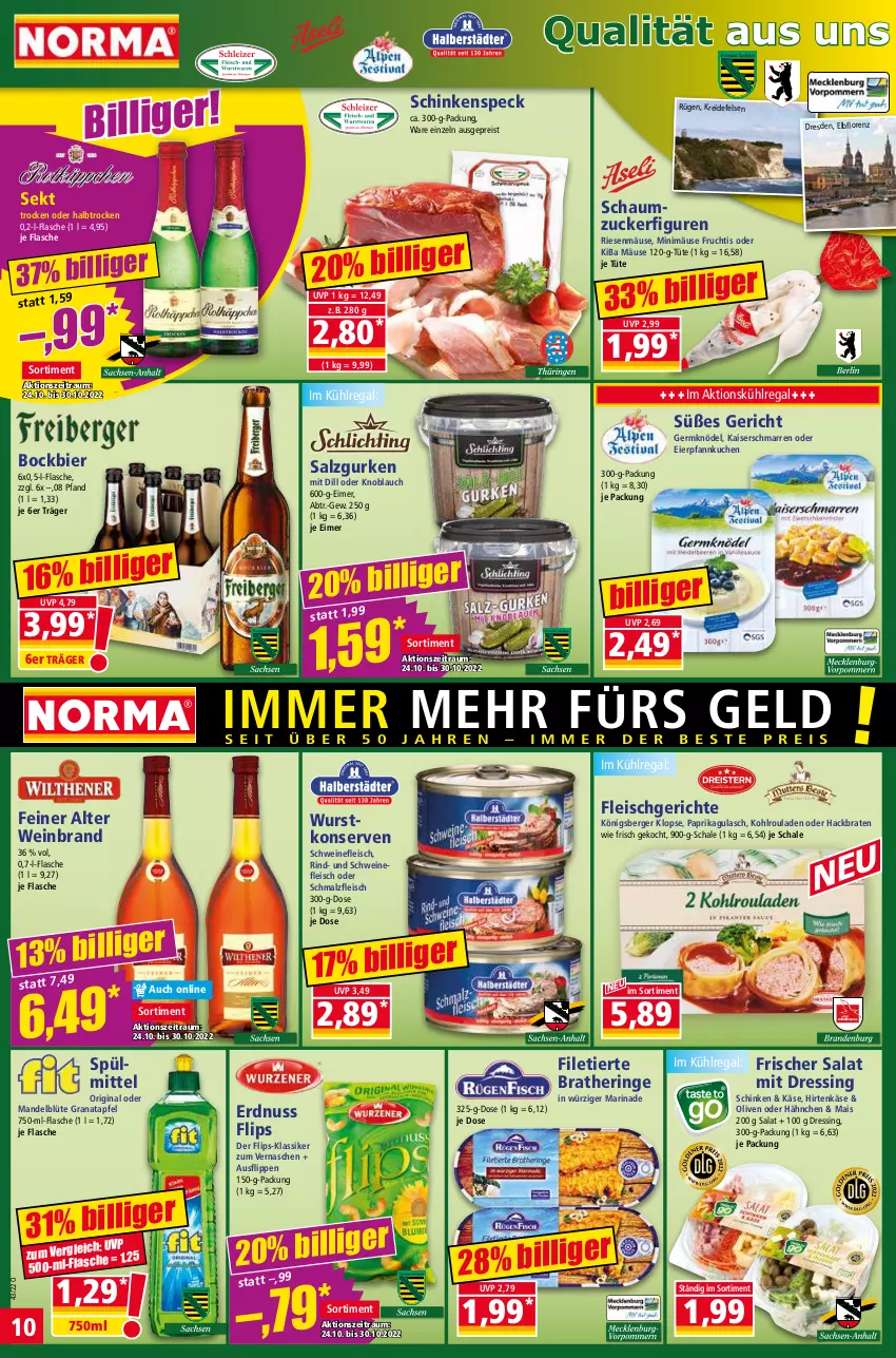 Aktueller Prospekt Norma - Norma - von 24.10 bis 31.10.2022 - strona 10 - produkty: apfel, Berger, bier, Blüte, braten, Bratheringe, dressing, eier, eimer, eis, erdnuss, filet, Filetierte Bratheringe, flasche, fleisch, frucht, Germ, gin, grana, granatapfel, gulasch, gurke, gurken, hering, hirtenkäse, Kaiser, Käse, knoblauch, Knödel, Kohlrouladen, Königsberger Klopse, Konserven, Kreide, kuchen, kühlregal, lorenz, mais, malz, mandel, marinade, nuss, olive, oliven, paprika, Pfannkuchen, Rana, regal, reis, rind, ring, rouladen, salat, salz, Schal, Schale, Schaumzucker, schinken, schinkenspeck, Schmalz, schwein, schweine, schweinefleisch, sekt, Speck, spülmittel, Ti, Tüte, wein, weinbrand, weine, wurst, wurstkonserven, zucker