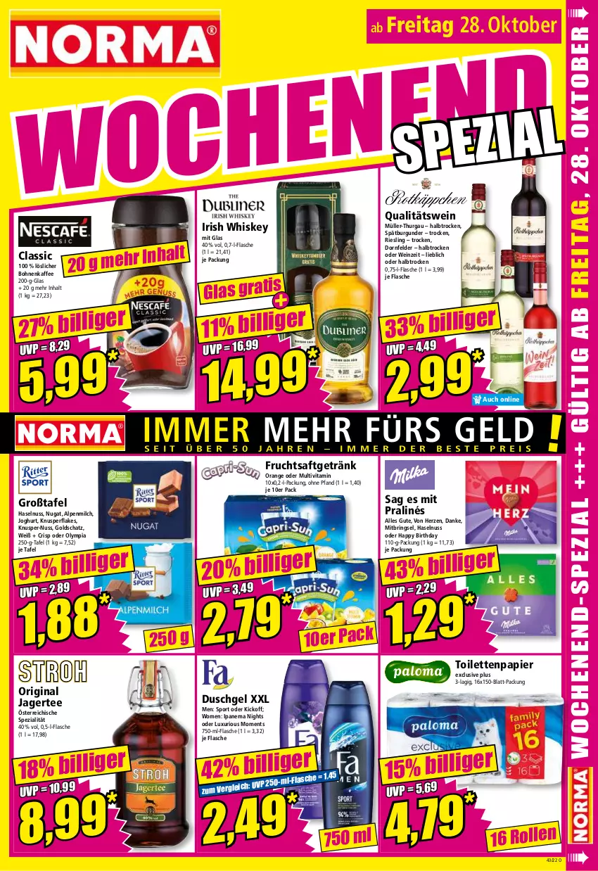 Aktueller Prospekt Norma - Norma - von 24.10 bis 31.10.2022 - strona 15 - produkty: alpenmilch, bohne, bohnen, bohnenkaffee, burgunder, dornfelder, duschgel, flakes, flasche, frucht, fruchtsaft, fruchtsaftgetränk, getränk, gin, haselnuss, irish whiskey, Jagertee, joghur, joghurt, kaffee, löslicher bohnenkaffee, milch, Müller, Müller-Thurgau, nuss, orange, papier, qualitätswein, riesling, ring, saft, spätburgunder, Spezi, Sport, tee, Ti, toilettenpapier, vita, wein, whiskey