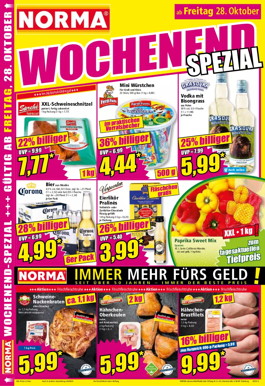 Aktueller Prospekt Norma - Norma - von 24.10 bis 31.10.2022 - strona 16 - produkty: bier, braten, brustfilet, cola, eier, eierlikör, eis, filet, filets, flasche, fleisch, hähnchenbrust, hähnchenbrustfilet, kühlregal, lebensmittel, likör, milch, natur, paprika, regal, reis, schnitzel, schwein, schweine, schweinenacken, schweineschnitzel, Ti, tiefpreis, vodka, vollmilch, wein, weine, würstchen