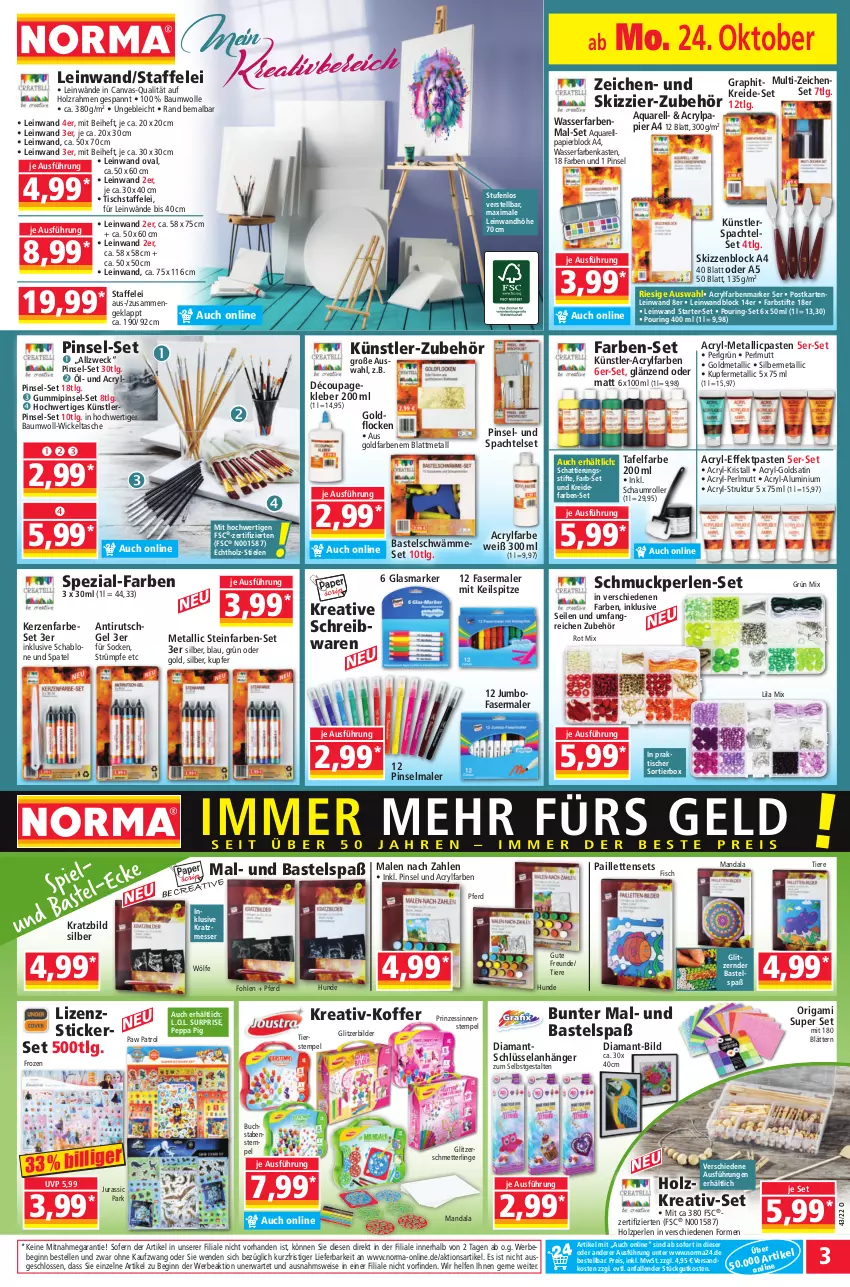 Aktueller Prospekt Norma - Norma - von 24.10 bis 31.10.2022 - strona 3 - produkty: Anhänger, aqua, Bau, baumwolle, Bebe, buch, eis, Elan, elle, farbstifte, fasermaler, fisch, gin, Holz, jumbo, Jura, kerze, kleber, koffer, Kreide, LG, messer, Mett, ndk, pailletten, papier, Paw Patrol, Peppa Pig, perlen, Pinsel, reis, rel, ring, Roller, Schmetterling, Schmuck, schreibwaren, socken, spachtel, Spezi, stifte, strümpfe, Tasche, Ti, Tiere, tisch, wasser, weck, WICK, Wickeltasche, wolle