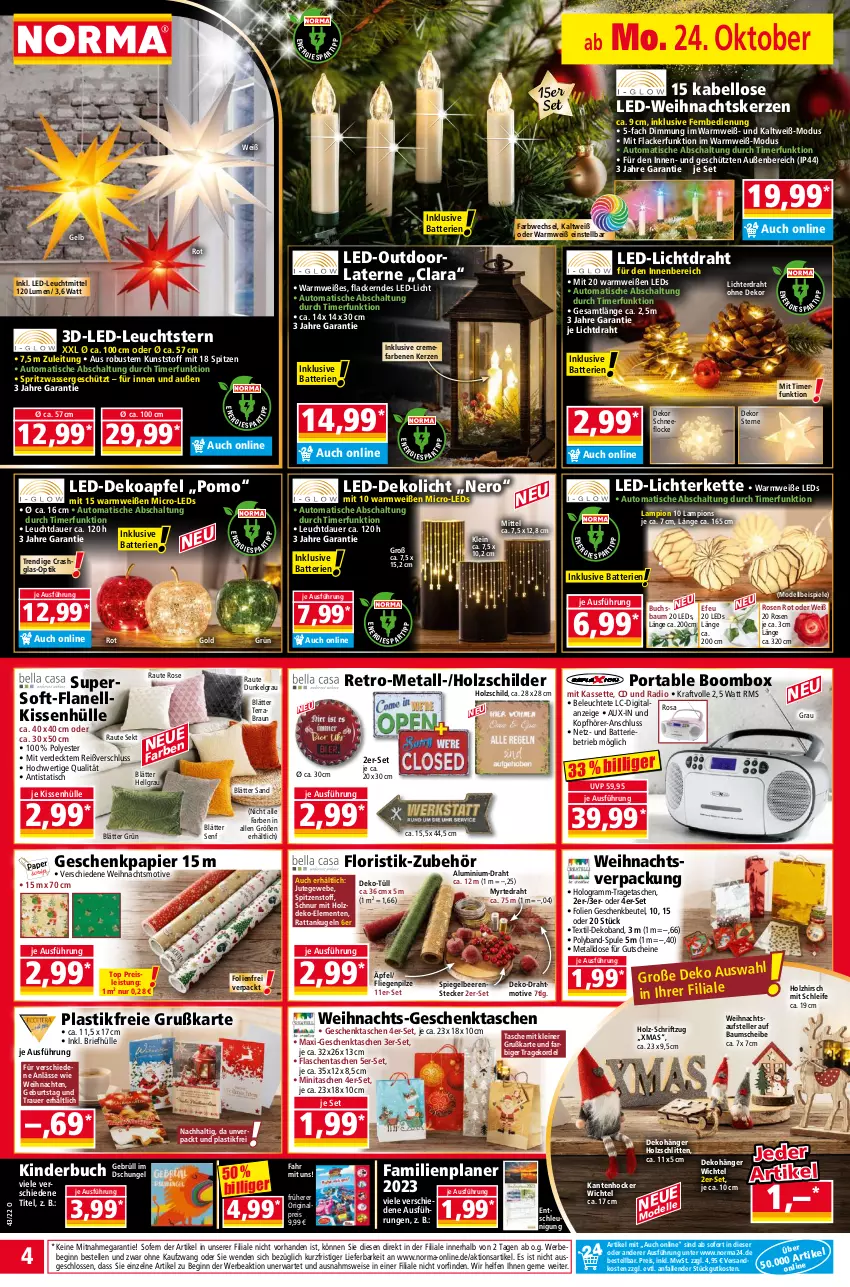 Aktueller Prospekt Norma - Norma - von 24.10 bis 31.10.2022 - strona 4 - produkty: apfel, asti, auer, auto, batterie, batterien, Bau, Bebe, beere, beeren, beutel, braun, brie, buch, creme, Dekoapfel, Dekohänger, dell, Draht, eis, elle, ente, erde, Familienplaner, fernbedienung, flasche, Geschenkbeutel, Geschenkpapier, Geschenktasche, gin, gutschein, gutscheine, hocker, Holz, Kantenhocker, kerze, Kette, Kinder, Kinderbuch, kissen, kissenhülle, kopfhörer, Kugel, lack, Lacke, laterne, led-licht, leds, leine, Leuchte, leuchtmittel, LG, lichterkette, Liege, Mode, ndk, nero, papier, pilze, Radio, reis, rosen, Schal, Schlitten, Schriftzug, sekt, senf, spiegel, Spiegelbeeren, Spiele, Tasche, taschen, teller, Ti, timer, tisch, tragetasche, wasser, weihnachten, Weihnachtskerzen, Wichtel, xmas, ZTE