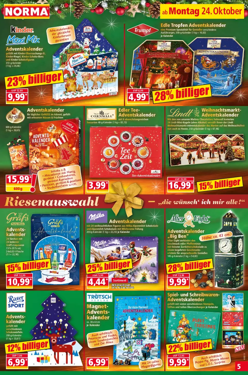 Aktueller Prospekt Norma - Norma - von 24.10 bis 31.10.2022 - strona 5 - produkty: Adventskalender, after eight, alkohol, alpenmilch, Cashew, cashewkerne, cola, creme, eier, ente, flasche, früchte, früchten, honig, Kinder, Kugel, lindt, liqueur, mac, Maus, milch, milka, minze, nuss, ohne alkohol, pfeffer, pfefferminze, riegel, salz, schoko, schoko-bons, schokolade, schokowürfel, schreibwaren, Spezi, stifte, tee, Ti, würfel, Zartbitterschokolade